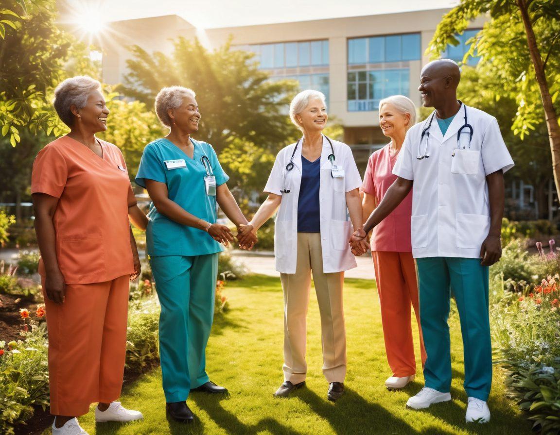 A diverse group of smiling patients of different ages and backgrounds, standing together in a vibrant hospital garden, holding hands to symbolize unity and empowerment. In the background, modern medical facilities with greenery, showcasing the latest cancer care advancements. Radiant sunlight filtering through leaves creates a warm atmosphere. super-realistic. vibrant colors. uplifting mood.