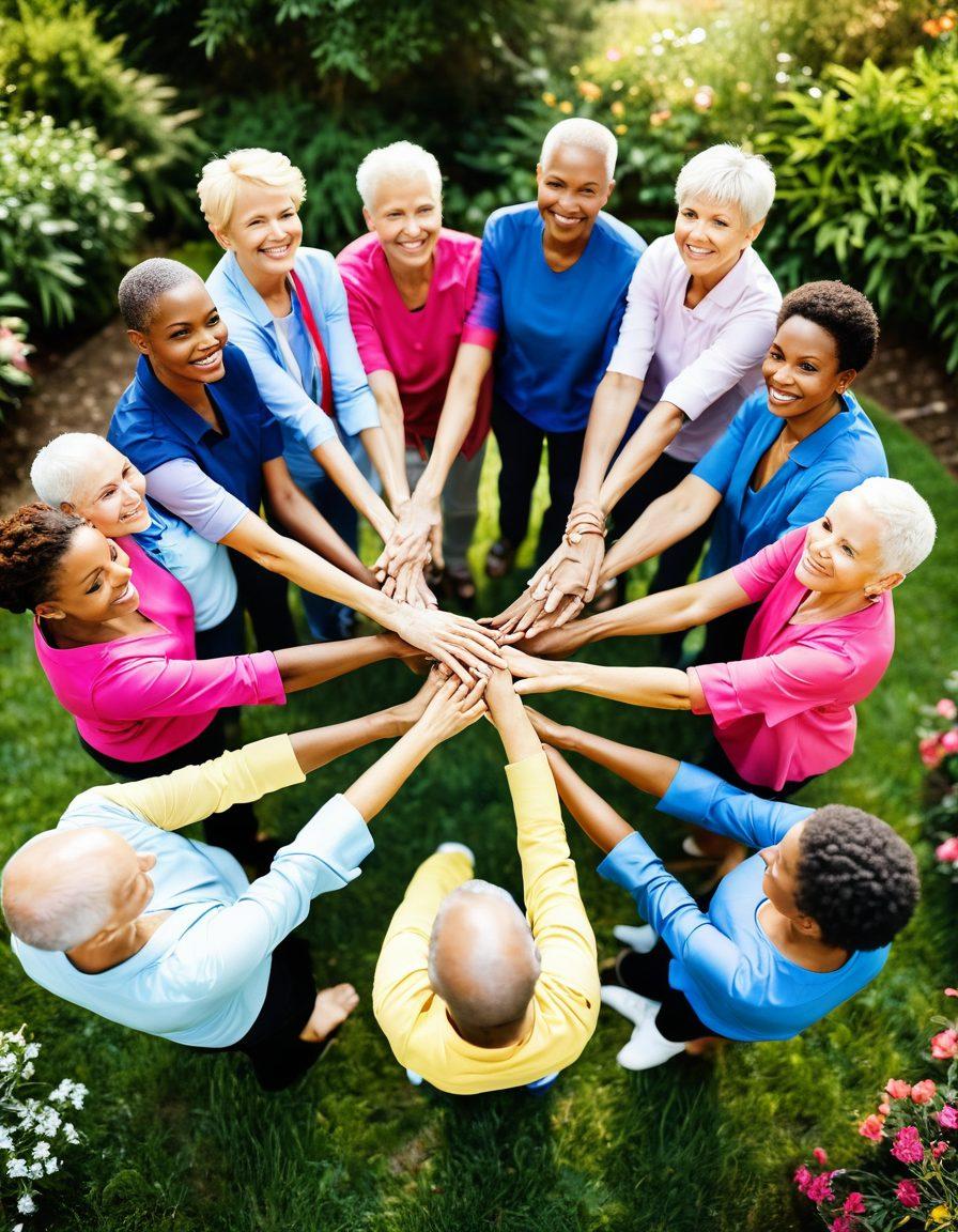 A diverse group of cancer survivors and advocates holding hands in a circle, surrounded by a vibrant garden symbolizing hope and healing. Include elements of support, like colorful ribbons and uplifting banners in the background. Emphasize the warmth of community and resilience through their smiles. soft focus, bright colors, natural light.