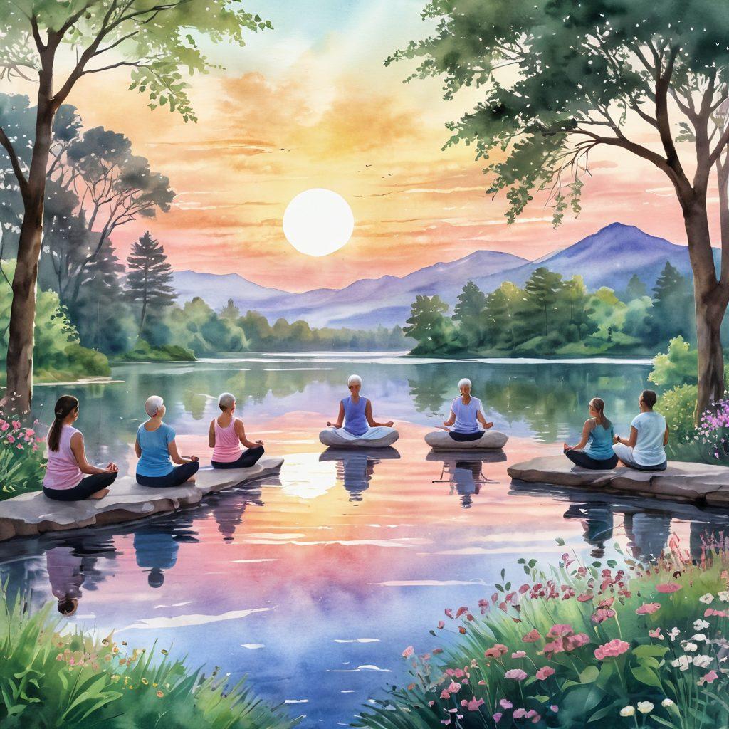 A serene landscape showcasing a sunrise over a tranquil lake, symbolizing hope and renewal. In the foreground, a diverse group of cancer survivors engaging in activities such as meditation, yoga, and journaling, embodying resilience and support. Surrounding them, lush greenery and blooming flowers represent vitality and healing. Incorporate uplifting quotes in a gentle, artistic font, enhancing the motivational aspect of the scene. soft pastel colors. watercolor style.